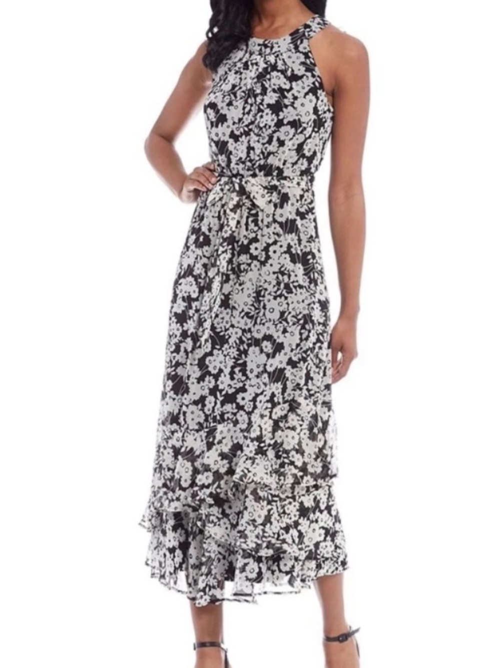 NWT Calvin Klein Black and White Floral Halter Midi Dress Size 12